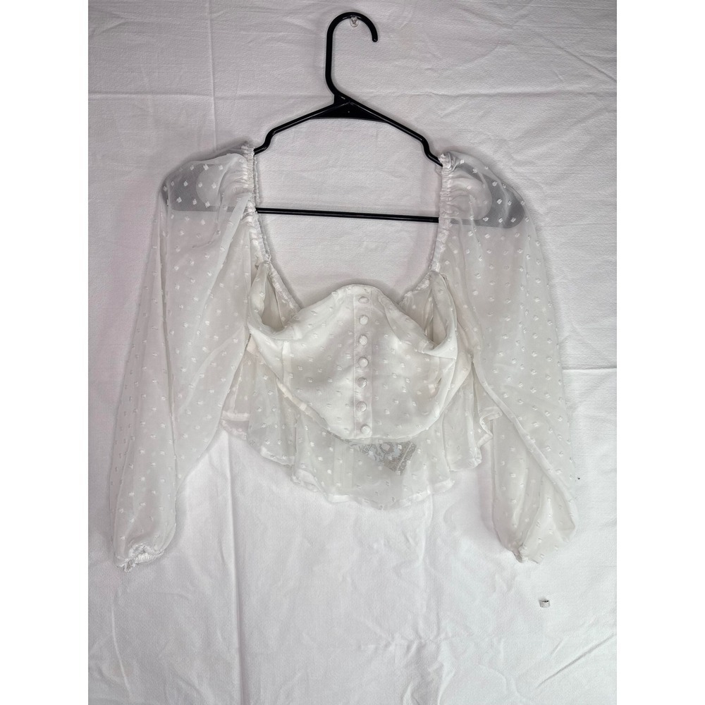 NWT Boohoo Dobby Spot Off Shoulder Long Sleeve Crop Top White Size 4